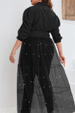 Formal Shirt Collar Half Sleeve Beading Decor Sheer Belted Mesh Patchwork Plus Size Party Evening Maxi Dress
