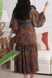 Floral Print O Neck Lantern Sleeve Lace Up Ruffle Hem Evening Formal Party Vacation Pleated Maxi Dresses