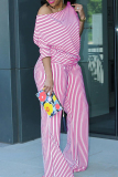 Casual Striped Print Oblique Collar 3/4 Sleeve Blouse And Wide Leg Pants Vacation Two Pieces Trouser Sets