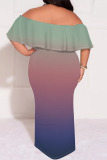 Gradient Print Off Shoulder Flutter Sleeve Ruffle One Step Skirt Vacation Plus Size Bodycon Maxi Dress