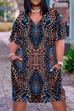 Casual Graphics Print Basic V Neck Short Sleeve Loose Pockets Midi T-Shirt Dress