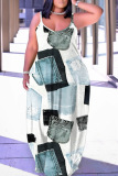 Causal Graphcis Print Backless Spaghetti Strap Floor Length Vacation Baggy Sundress Slip Maxi Dress