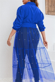 Formal Shirt Collar Half Sleeve Beading Decor Sheer Belted Mesh Patchwork Plus Size Party Evening Maxi Dress