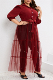 Formal Shirt Collar Half Sleeve Beading Decor Sheer Belted Mesh Patchwork Plus Size Party Evening Maxi Dress