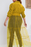 Formal Shirt Collar Half Sleeve Beading Decor Sheer Belted Mesh Patchwork Plus Size Party Evening Maxi Dress