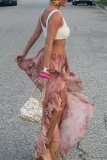 Floral Print Mid Waist Irregular Ruffle Tiered Hem Vacation Beach Lace Maxi Skirt