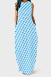 Causal Stripe Print Sleeveless O Neck Floor Length Pocket Long Vacation Loose Maxi Summer Dresses