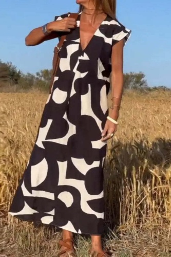Casual Graphics Print V Neck Flutter Sleeve Long Loose Vacation Maxi Summer Dresses