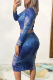 Casual Denim Color Print O Neck Long Sleeve Wrapped Skirt Bodycon Midi Dress
