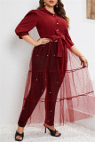 Formal Shirt Collar Half Sleeve Beading Decor Sheer Belted Mesh Patchwork Plus Size Party Evening Maxi Dress