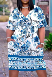 Casual Graphics Print Basic V Neck Short Sleeve Loose Pockets Midi T-Shirt Dress