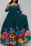Floral Print O Neck  Long Sleeve Belt Loose Vacation A Line Maxi Swing Dresses