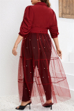 Formal Shirt Collar Half Sleeve Beading Decor Sheer Belted Mesh Patchwork Plus Size Party Evening Maxi Dress