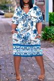 Casual Graphics Print Basic V Neck Short Sleeve Loose Pockets Midi T-Shirt Dress