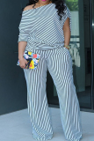 Casual Striped Print Oblique Collar 3/4 Sleeve Blouse And Wide Leg Pants Vacation Two Pieces Trouser Sets