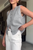 Casual O Neck Sleeveless Buckle Vacation Knit Cardigan Tank Tops