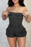 Casual Solid Buttons Backless Strapless Sleeveless Skinny Denim Jumpsuits