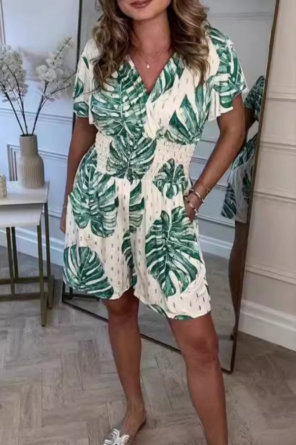 Casual Leaf Print V Neck Short Sleeve Cinch Waist Vacation Rompers