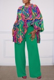 Formal Boho Print O Neck Long Sleeve Loose Blouse And Wide Leg Pants Office Lady Vacation Two Pieces Trouser Sets