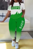 Sportwear Ombre Letter Print O Neck Short Sleeve Oversize T-Shirt And Skinny Pants Two Pieces Sweatpants Sets