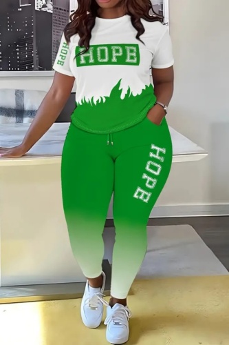 Sportwear Ombre Letter Print O Neck Short Sleeve Oversize T-Shirt And Skinny Pants Two Pieces Sweatpants Sets