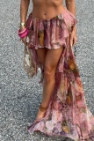 Floral Print Mid Waist Irregular Ruffle Tiered Hem Vacation Beach Lace Maxi Skirt