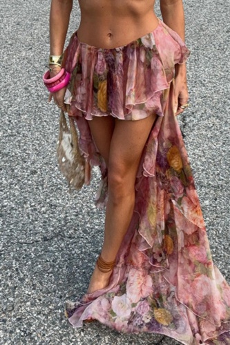 Floral Print Mid Waist Irregular Ruffle Tiered Hem Vacation Beach Lace Maxi Skirt