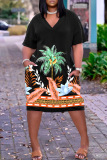 Casual Graphics Print Basic V Neck Short Sleeve Loose Pockets Midi T-Shirt Dress
