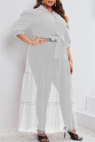 Formal Shirt Collar Half Sleeve Beading Decor Sheer Belted Mesh Patchwork Plus Size Party Evening Maxi Dress