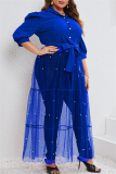 Formal Shirt Collar Half Sleeve Beading Decor Sheer Belted Mesh Patchwork Plus Size Party Evening Maxi Dress