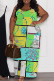 Causal Graphcis Print Backless Spaghetti Strap Floor Length Vacation Baggy Plus Size Sundress Slip Maxi Dress