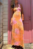 Casual Ombre Print Sleeveless Backless U Neck Long Vacation Bodycon Maxi Tank Dresses