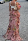 Floral Print Mid Waist Irregular Ruffle Tiered Hem Vacation Beach Lace Maxi Skirt