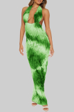 Tie Dye Print Backless Deep V Neck Hollow Out Ruffle Trim Long Formal Party Evening Bodycon Halter Maxi Dress