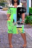 Casual Graphics Print Basic V Neck Short Sleeve Loose Pockets Midi T-Shirt Dress