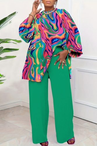 Formal Boho Print O Neck Long Sleeve Loose Blouse And Wide Leg Pants Office Lady Vacation Two Pieces Trouser Sets