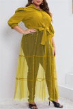 Formal Shirt Collar Half Sleeve Beading Decor Sheer Belted Mesh Patchwork Plus Size Party Evening Maxi Dress