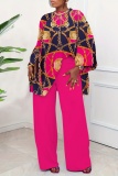 Formal Boho Print O Neck Long Sleeve Loose Blouse And Wide Leg Pants Office Lady Vacation Two Pieces Trouser Sets
