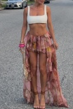 Floral Print Mid Waist Irregular Ruffle Tiered Hem Vacation Beach Lace Maxi Skirt