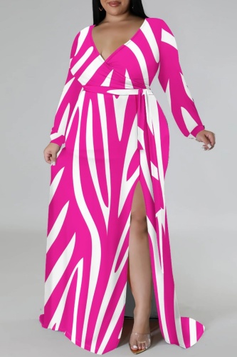 Casual Stripr Print V Neck Long Sleeve With Belt Side Slit Long Loose Vacation Plus Size Maxi Dresses Casual Stripr Print V Neck Long Sleeve With Belt Side Slit Long Loose Vacation Plus Size Maxi Dresses