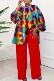 Formal Boho Print O Neck Long Sleeve Loose Blouse And Wide Leg Pants Office Lady Vacation Two Pieces Trouser Sets