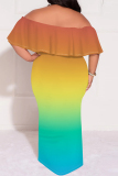 Gradient Print Off Shoulder Flutter Sleeve Ruffle One Step Skirt Vacation Plus Size Bodycon Maxi Dress