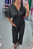 Casual Polka Dot Print V Neck Short Sleeve Cinch Waist Vacation Wide Leg Jumpsuits
