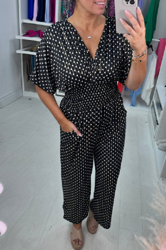 Casual Polka Dot Print V Neck Short Sleeve Cinch Waist Vacation Wide Leg Jumpsuits
