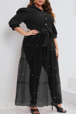 Formal Shirt Collar Half Sleeve Beading Decor Sheer Belted Mesh Patchwork Plus Size Party Evening Maxi Dress