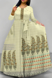 Floral Print O Neck  Long Sleeve Belt Loose Vacation A Line Maxi Swing Dresses