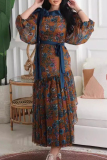 Floral Print O Neck Lantern Sleeve Lace Up Ruffle Hem Evening Formal Party Vacation Pleated Maxi Dresses