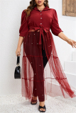 Formal Shirt Collar Half Sleeve Beading Decor Sheer Belted Mesh Patchwork Plus Size Party Evening Maxi Dress