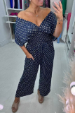 Casual Polka Dot Print V Neck Short Sleeve Cinch Waist Vacation Wide Leg Jumpsuits