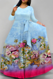 Floral Print O Neck  Long Sleeve Belt Loose Vacation A Line Maxi Swing Dresses